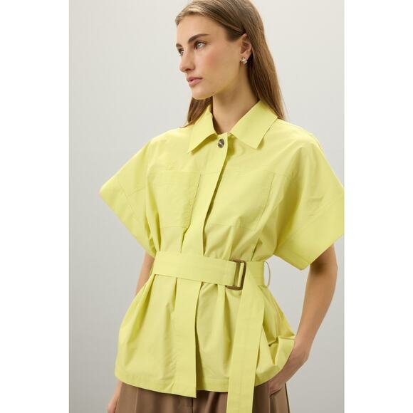 EUDON CHOI Women's Green Neon Belted Short Sleeve Collared Blouse Top Size 2 - Picture 1 of 13
